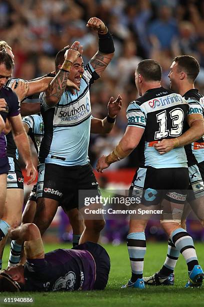 Andrew Fifita of the Sharks scores a try during the 2016 NRL Grand Final match between the Cronulla Sharks and the Melbourne Storm at ANZ Stadium on...