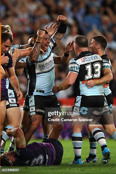 Andrew Fifita of the Sharks scores a try during the 2016 NRL Grand Final match between the Cronulla Sharks and the Melbourne Storm at ANZ Stadium on...