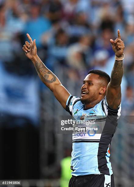 Ben Barba of the Sharks celebrates victory during the 2016 NRL Grand Final match between the Cronulla Sutherland Sharks and the Melbourne Storm at...