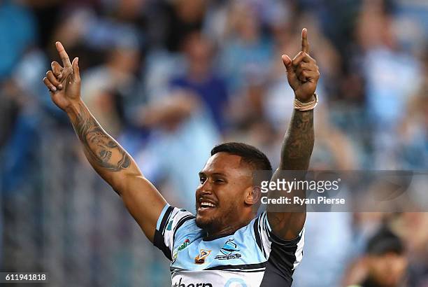 Ben Barba of the Sharks celebrates victory during the 2016 NRL Grand Final match between the Cronulla Sutherland Sharks and the Melbourne Storm at...