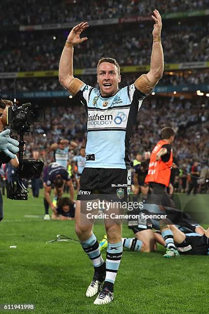 James Maloney of the Sharks celebrates winning the 2016 NRL Grand Final match between the Cronulla Sharks and the Melbourne Storm at ANZ Stadium on...
