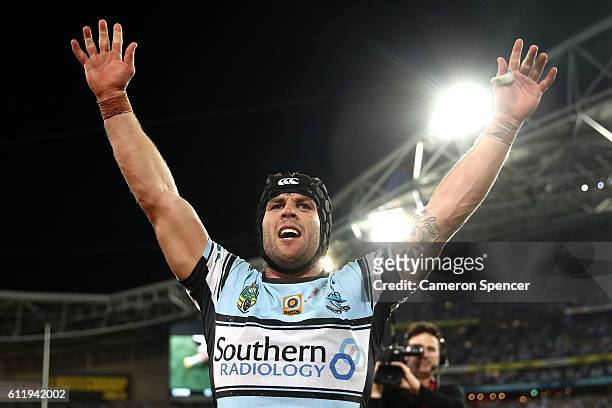 Michael Ennis of the Sharks celebrates winning the 2016 NRL Grand Final match between the Cronulla Sharks and the Melbourne Storm at ANZ Stadium on...