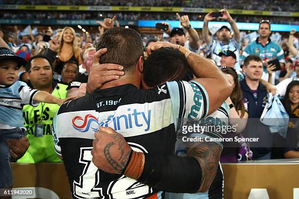 Andrew Fifita of the Sharks and Wade Graham of the Sharks celebrate winning the 2016 NRL Grand Final match between the Cronulla Sharks and the...