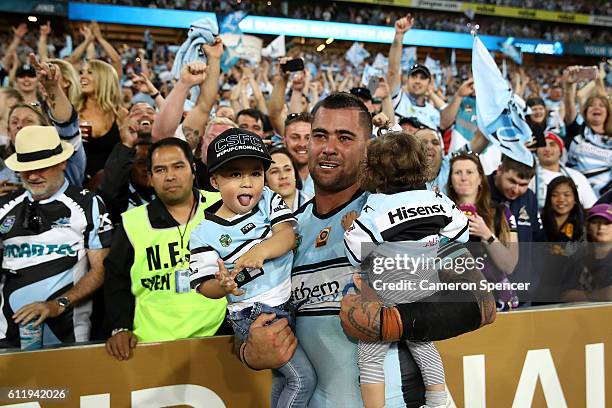 Andrew Fifita of the Sharks celebrates winning the 2016 NRL Grand Final match between the Cronulla Sharks and the Melbourne Storm at ANZ Stadium on...