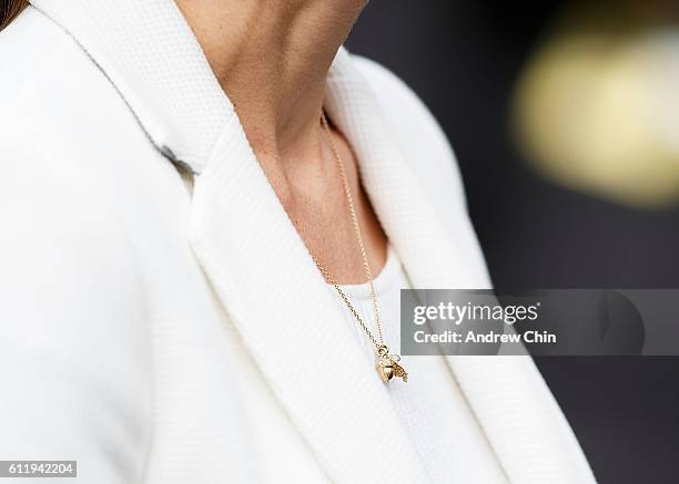 Catherine, Duchess of Cambridge, necklace detail, arrives at Cridge Centre for the Family on the final day of their Royal Tour of Canada on October...