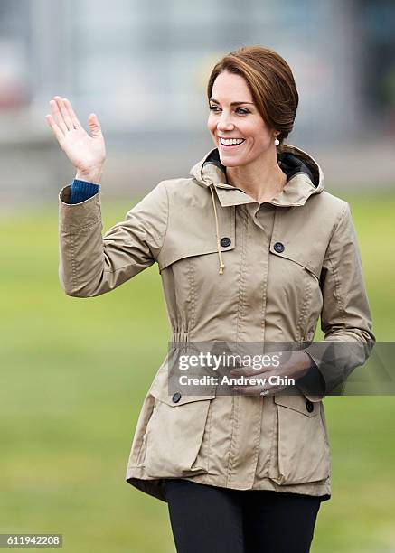 Catherine, Duchess of Cambridge arrives to embark the tall ship Pacific Grace in Victoria Harbour on the final day of their Royal Tour of Canada on...