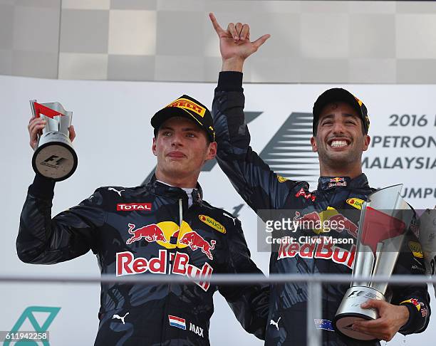 Daniel Ricciardo of Australia and Red Bull Racing and Max Verstappen of Netherlands and Red Bull Racing celebrate on the podium during the Malaysia...