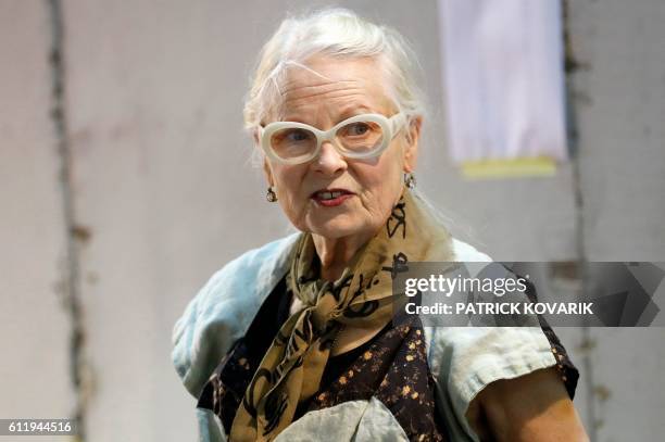 Fashion designer Vivienne Westwood is seen backstage prior to her 2017 Spring/Summer ready-to-wear collection fashion show by Vivienne Westwood, on...