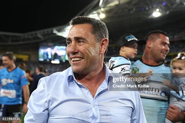 Sharks coach, Shane Flanagan celebrates after winning the 2016 NRL Grand Final match between the Cronulla Sharks and the Melbourne Storm at ANZ...