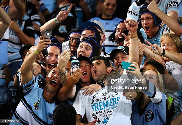 Michael Ennis of the Sharks celebrates victory after the 2016 NRL Grand Final match between the Cronulla Sutherland Sharks and the Melbourne Storm at...