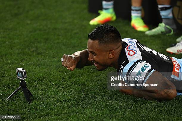 Ben Barba of the Sharks poses with his Premiership ring after winning the 2016 NRL Grand Final match between the Cronulla Sharks and the Melbourne...