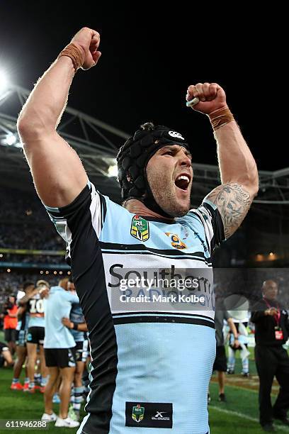 Michael Ennis of the Sharks celebrates winning the 2016 NRL Grand Final match between the Cronulla Sharks and the Melbourne Storm at ANZ Stadium on...