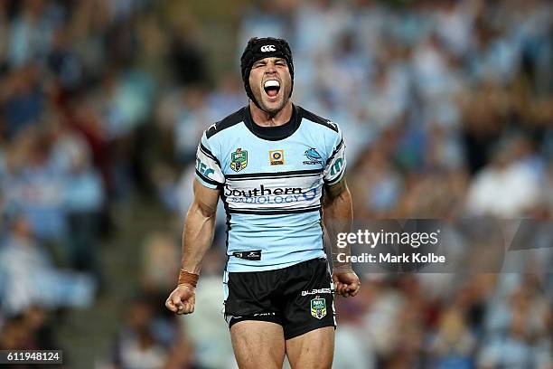 Michael Ennis of the Sharks celebrates a Sharks try during the 2016 NRL Grand Final match between the Cronulla Sharks and the Melbourne Storm at ANZ...