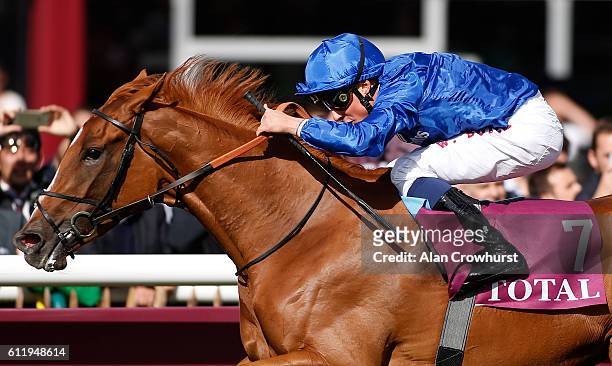 William Buick riding Wuheida win The Total Prix Marcel Boussac at Chantilly racecourse on October 02, 2016 in Chantilly, France.