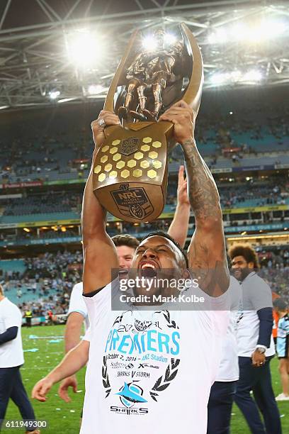 Ben Barba of the Sharks celebrates with the trophy after victory in the 2016 NRL Grand Final match between the Cronulla Sharks and the Melbourne...