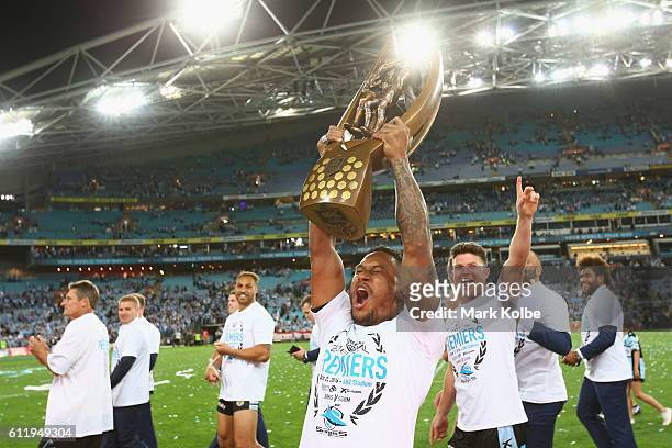 Ben Barba of the Sharks celebrates with the trophy after victory in the 2016 NRL Grand Final match between the Cronulla Sharks and the Melbourne...