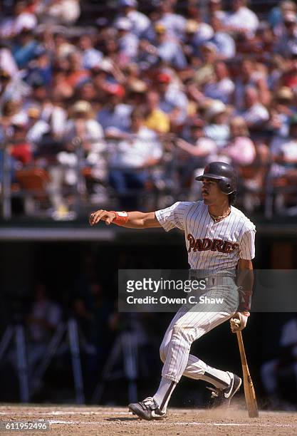 Benito Santiago of the San Diego Padres circa 1987 bats at Jack Murphy Stadium in San Diego, California.
