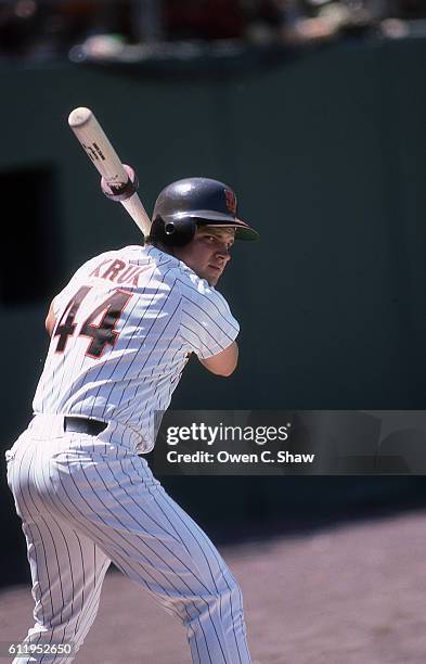 John Kruk of the San Diego Padres circa 1987 gets ready to bat at Jack Murphy Stadium in San Diego, California.