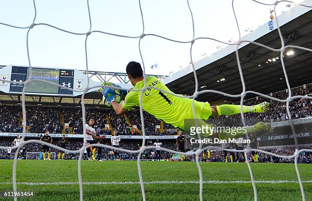 Claudio Bravo of Manchester City saves Erik Lamela of Tottenham Hotspur penalty during the Premier League match between Tottenham Hotspur and...