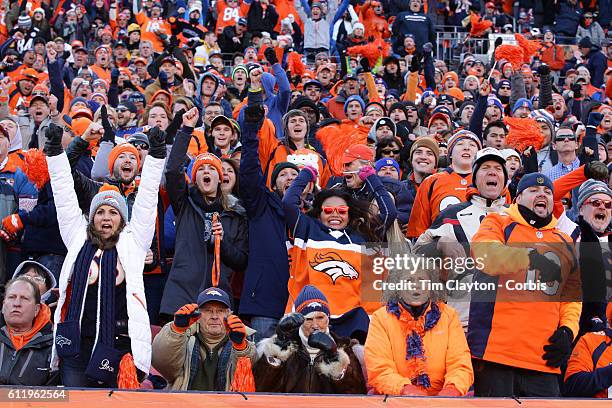 Denver Broncos fans react during the Denver Broncos vs Pittsburgh Steelers, NFL Divisional Round match at Authority Field at Mile High, Denver,...