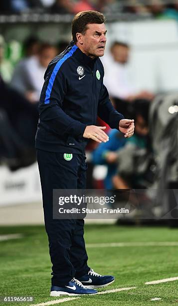 Dieter Hecking, head coach of Wolfsburg reacts during the Bundesliga match between VfL Wolfsburg and 1. FSV Mainz 05 at Volkswagen Arena on October...