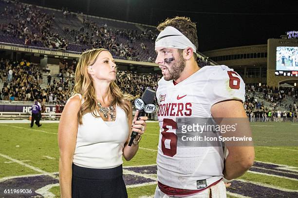 Oklahoma Sooners quarterback Baker Mayfield is interviewed by Fox sideline reporter Shannon Spake after the game between the TCU Horned Frogs and the...