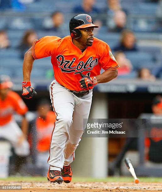 Michael Bourn of the Baltimore Orioles in action against the New York Yankees at Yankee Stadium on October 1, 2016 in the Bronx borough of New York...