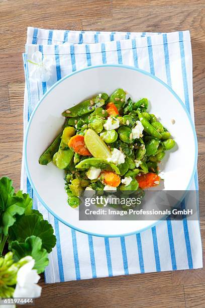 bean salad with broad beans, peas, carrots, feta and limes - fetta stockfoto's en -beelden