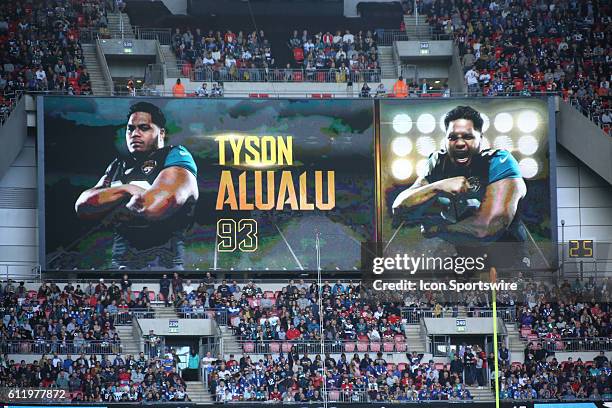 Tyson Alualu shown on the jumbotron during the Jacksonville Jaguars versus the Indianapolis Colts International Series game at Wembley Stadium in...