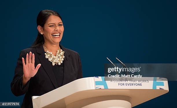 Priti Patel, Secretary of State for International Development delivers a speech about Brexit on the first day of the Conservative Party Conference...