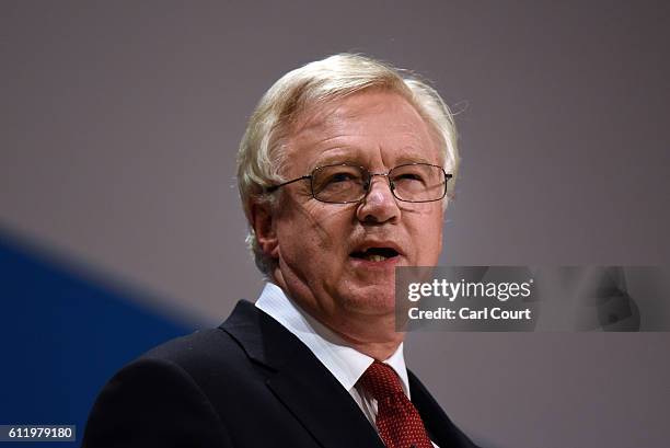 Secretary of State for Exiting the European Union, David Davis, delivers a speech about Brexit on the first day of the Conservative Party Conference...