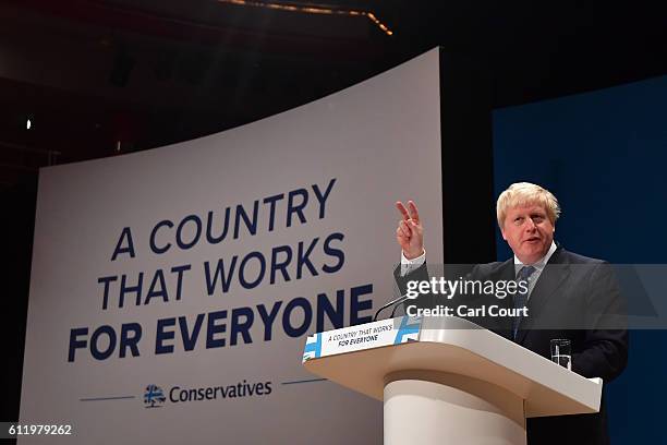 Foreign Secretary Boris Johnson delivers a speech about Brexit on the first day of the Conservative Party Conference 2016 at the ICC Birmingham on...