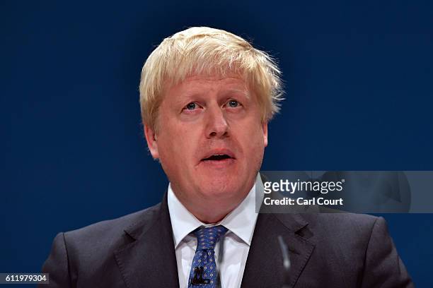 Foreign Secretary Boris Johnson delivers a speech about Brexit on the first day of the Conservative Party Conference 2016 at the ICC Birmingham on...