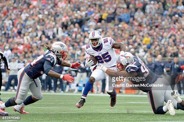 LeSean McCoy of the Buffalo Bills runs the ball in the first quarter against the New England Patriots at Gillette Stadium on October 2, 2016 in...