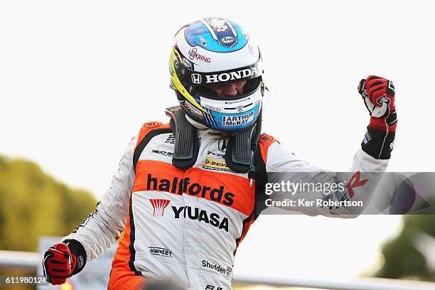 Gordon Sheddon of Halfords Yuasa Racing Honda celebrates winning the Dunlop MSA British Touring Car Championship at Brands Hatch on October 2, 2016...