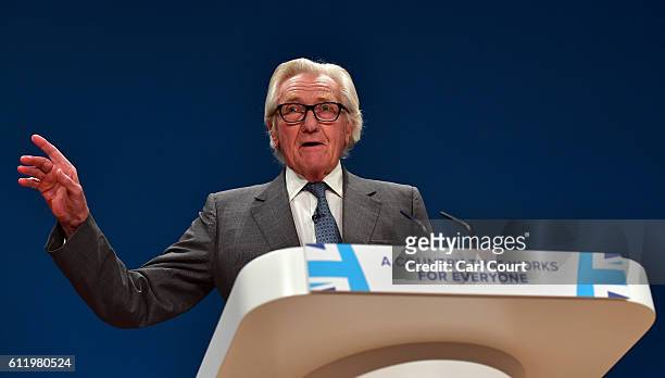 Veteran Conservative Party politician Michael Heseltine delivers a speech on the first day of the Conservative Party Conference 2016 at the ICC...