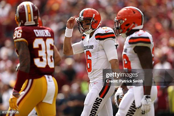 Quarterback Cody Kessler of the Cleveland Browns looks on against defensive back Su'a Cravens of the Washington Redskins in the first quarter at...