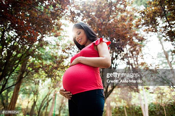 pregnant woman standing and holding belly - woman smiling facing down stock pictures, royalty-free photos & images