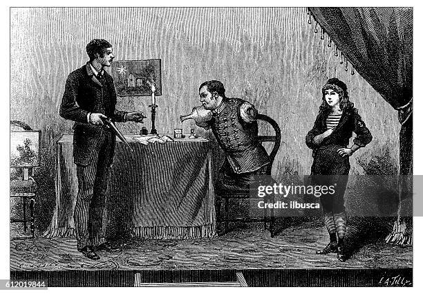 antique illustration of man without arms and legs in theatre - amputee stock illustrations