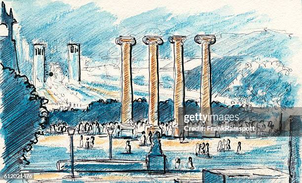 les quatre columnes font magica barcelona drawing - barcelona montjuic stock illustrations