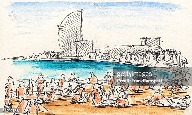 menschen sonnenbaden an barcelona strand zeichnung - barcelona spanien stock-grafiken, -clipart, -cartoons und -symbole