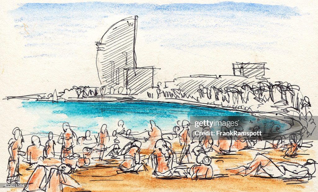 People Sunbathing At Barcelona Beach Drawing