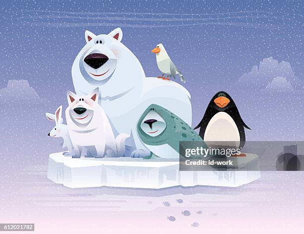 happy polar animals gathering - floating on water stock illustrations