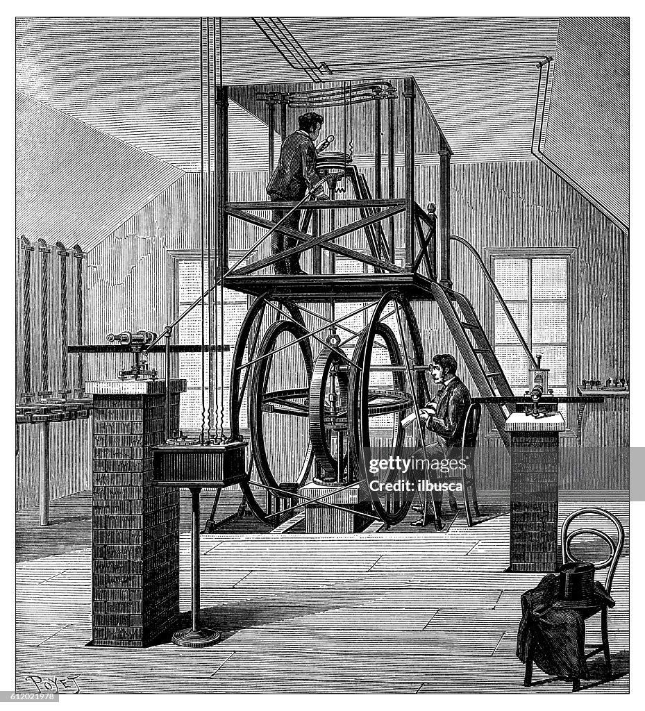 Antique illustration of large galvanometer in Cornell University
