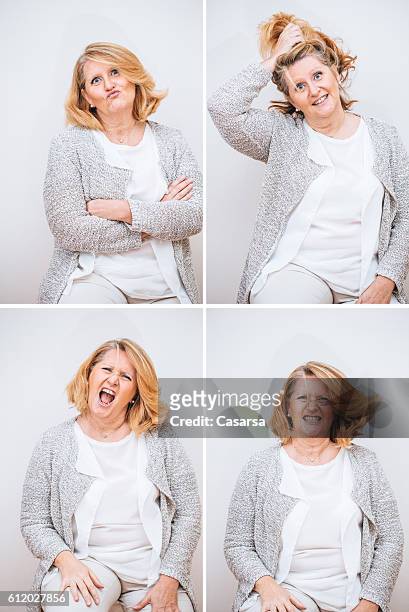 adult woman composite with bizare facial expression - fat woman funny stockfoto's en -beelden