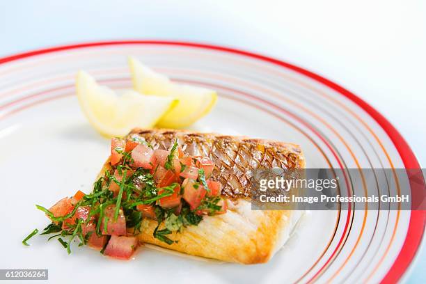 fried snapper fillet with tomato salsa - snapper fish stock pictures, royalty-free photos & images