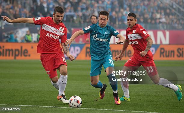 Robert Mak of Zenit St.-Petersburg in action against Salvatore Bocchetti and Mauricio of Spartak Moscow during Russian Footbal Premiere-League...
