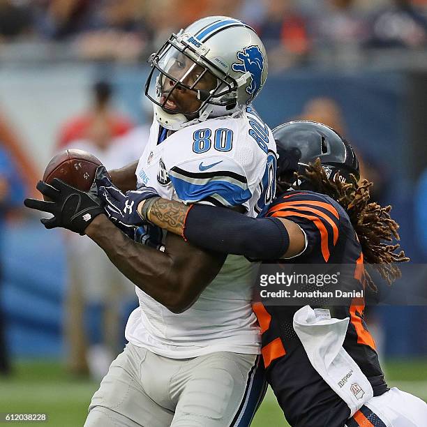 Anquan Boldin of the Detroit Lions is hit by Cre'von LeBlanc of the Chicago Bears at Soldier Field on October 2, 2016 in Chicago, Illinois.