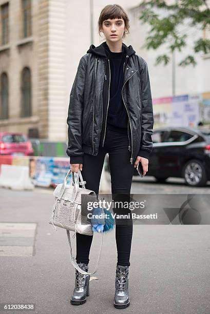 Model poses after the Valentino show at the Hotel Salomon de Rothschild during Paris Fashion Week Womenswear SS17 on October 2, 2016 in Paris, France.