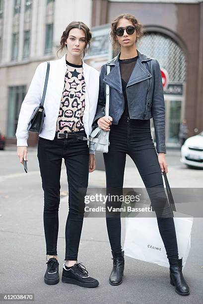 Models pose after the Valentino show at the Hotel Salomon de Rothschild during Paris Fashion Week Womenswear SS17 on October 2, 2016 in Paris, France.